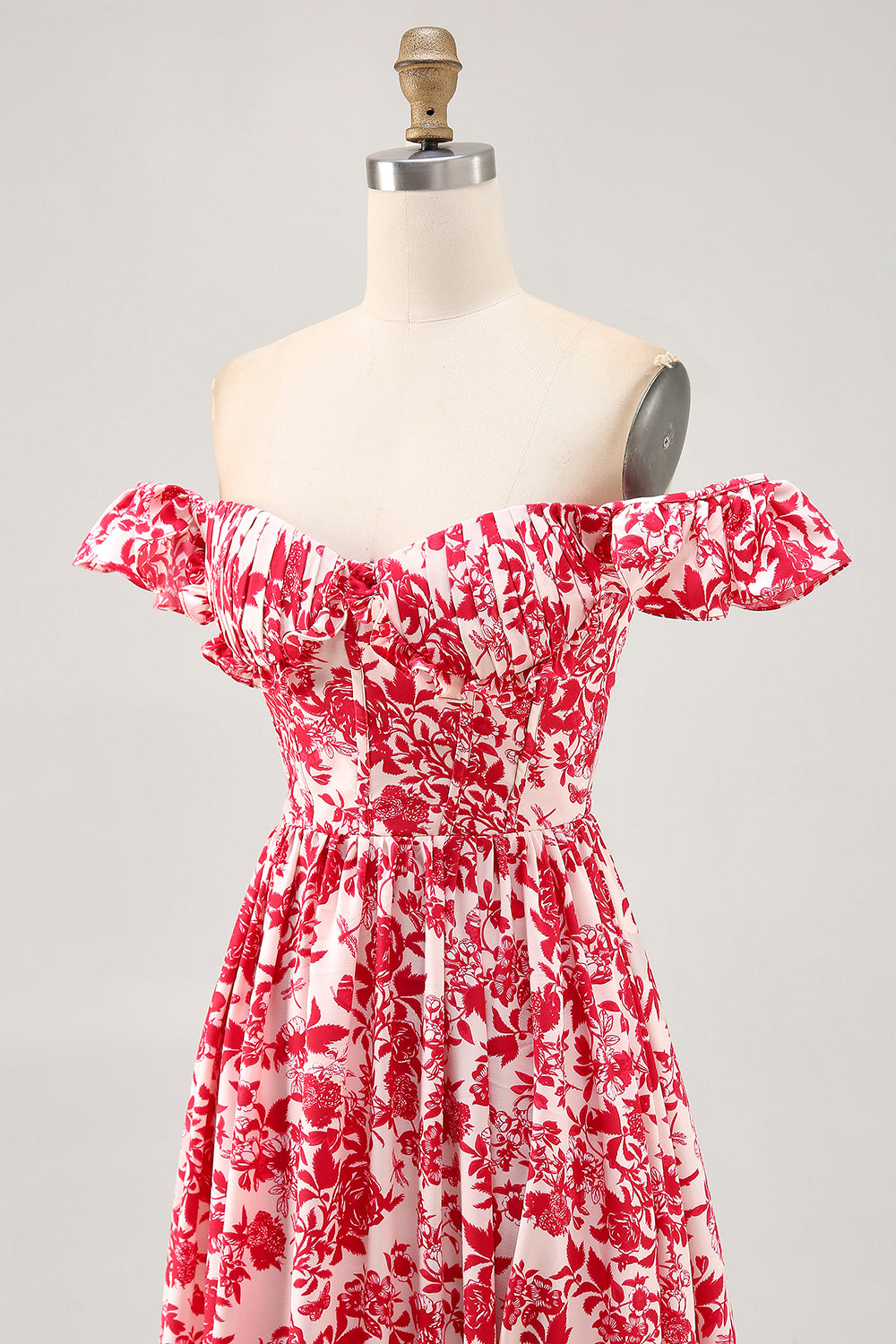 Off The Shoulder Volang Tryckt Blå Bröllop Gäst Klänning Med Slits