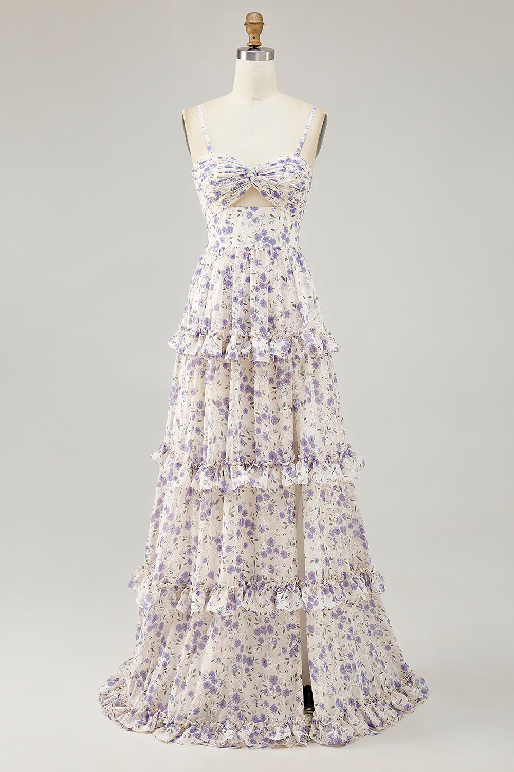 Lila Blomma Tryckt En Linje Utskuren Bröllop Gäst Klänning Med Slits