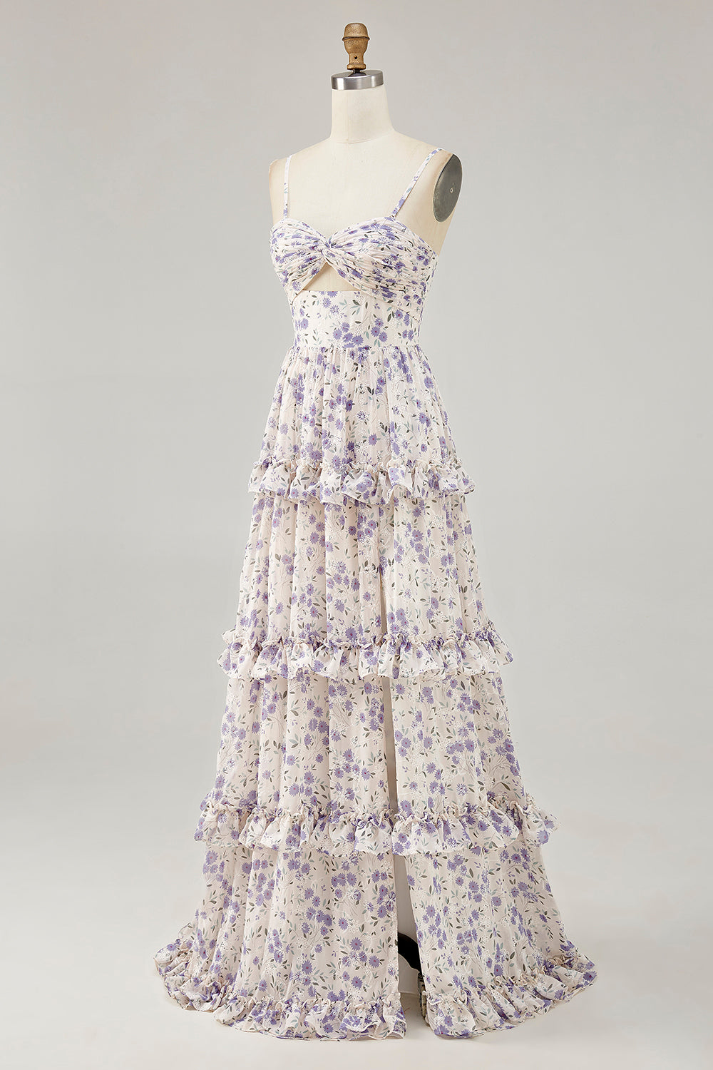 Lila Blomma Tryckt En Linje Utskuren Bröllop Gäst Klänning Med Slits