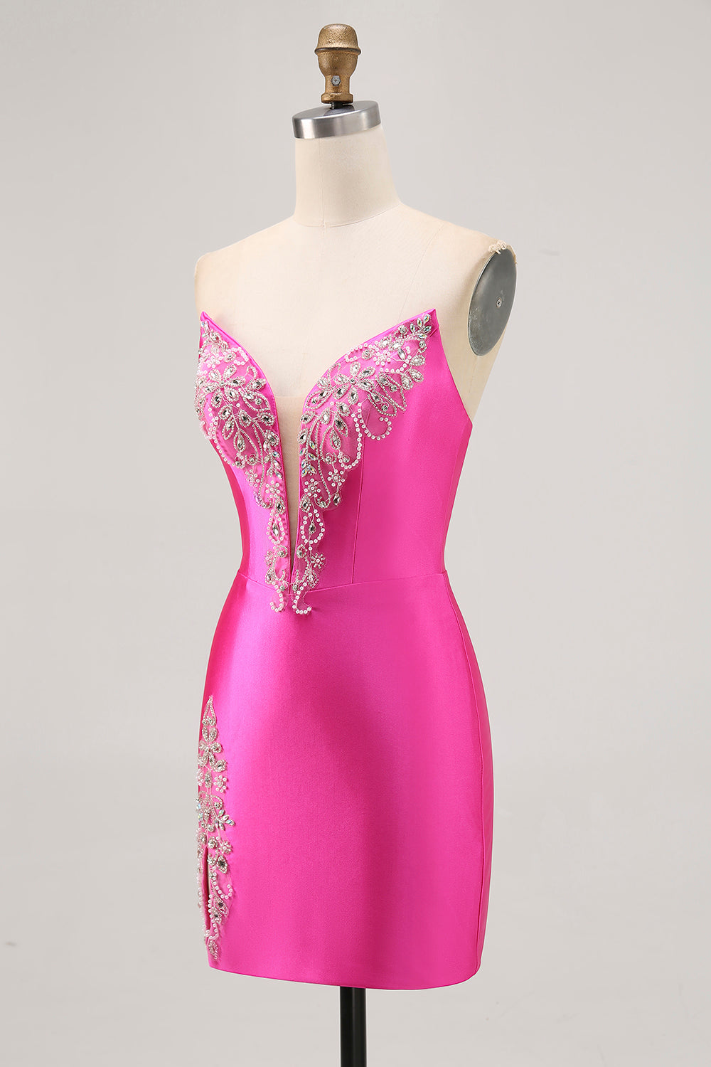 Fuchsia Axelbandslös pärlstav Bodycon Homecoming Klänning med slits