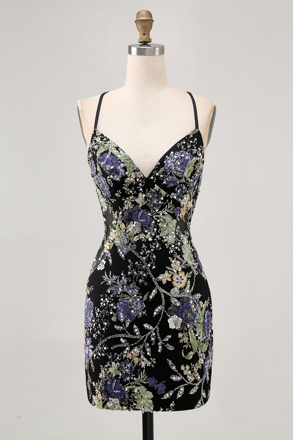 Svart Bodycon Kort Blommig Kort Balklänning med Paljetter