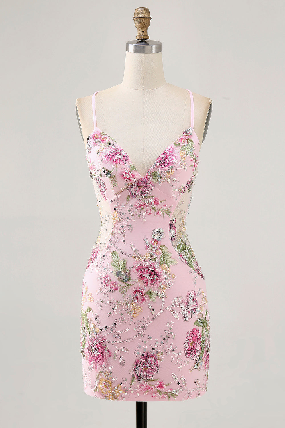 Glittrande Paljetter Rosa Bodycon Kort Blommig Kort Balklänning