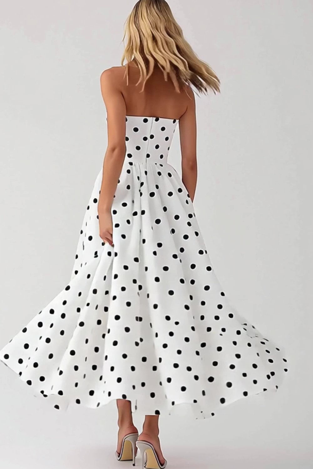 Vit Axelbandslös En linje Svart Polka Dots Klänning