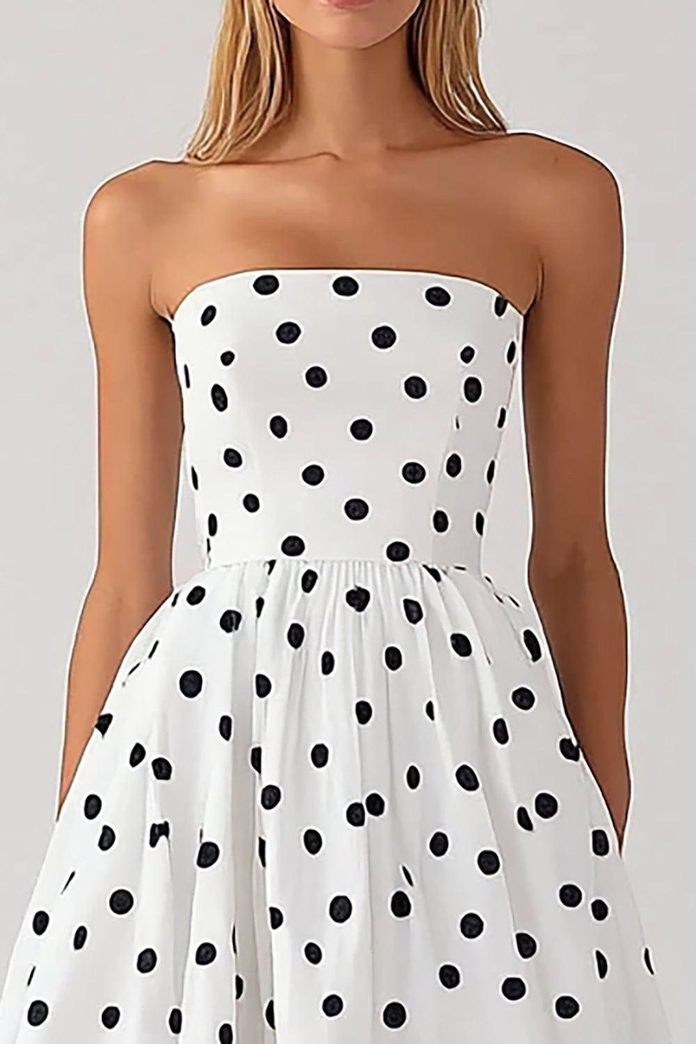 Vit Axelbandslös En linje Svart Polka Dots Klänning