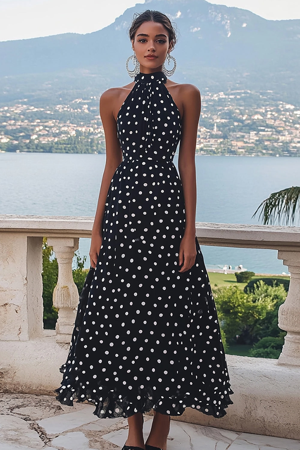 Hög hals Svart Vit A Line Polka Dots Klänning