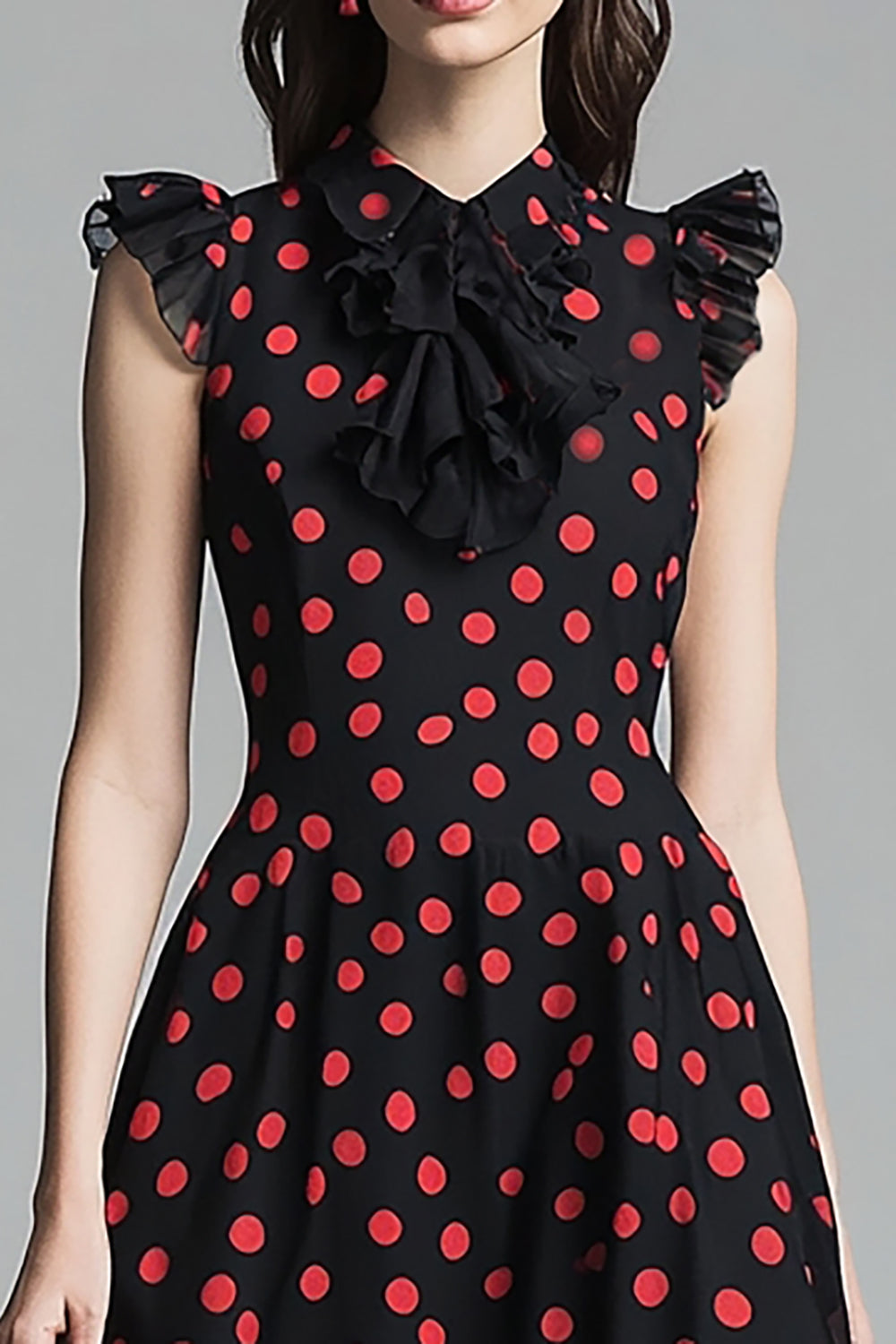 Svart En Linje Rufsig Röd Polka Dots Klänning