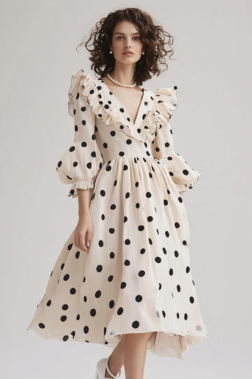 Ivory A Line V-hals Volang Svart Polka Dots Klänning med puffärmar