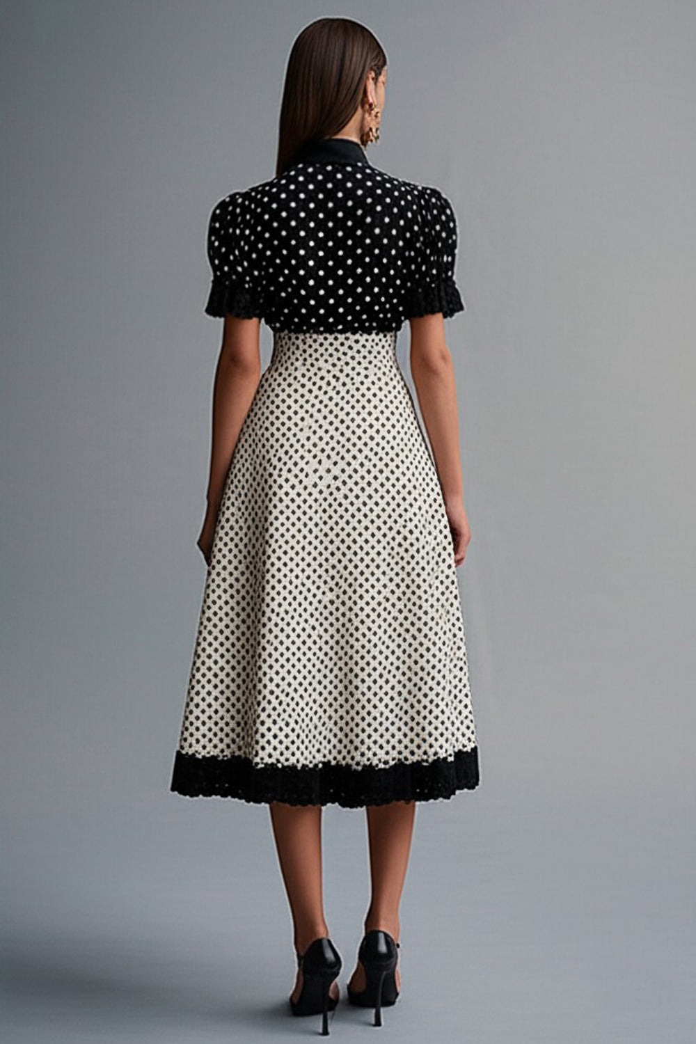Vintage Volang Kavajslag hals Svart Vit Polka Dots Klänning