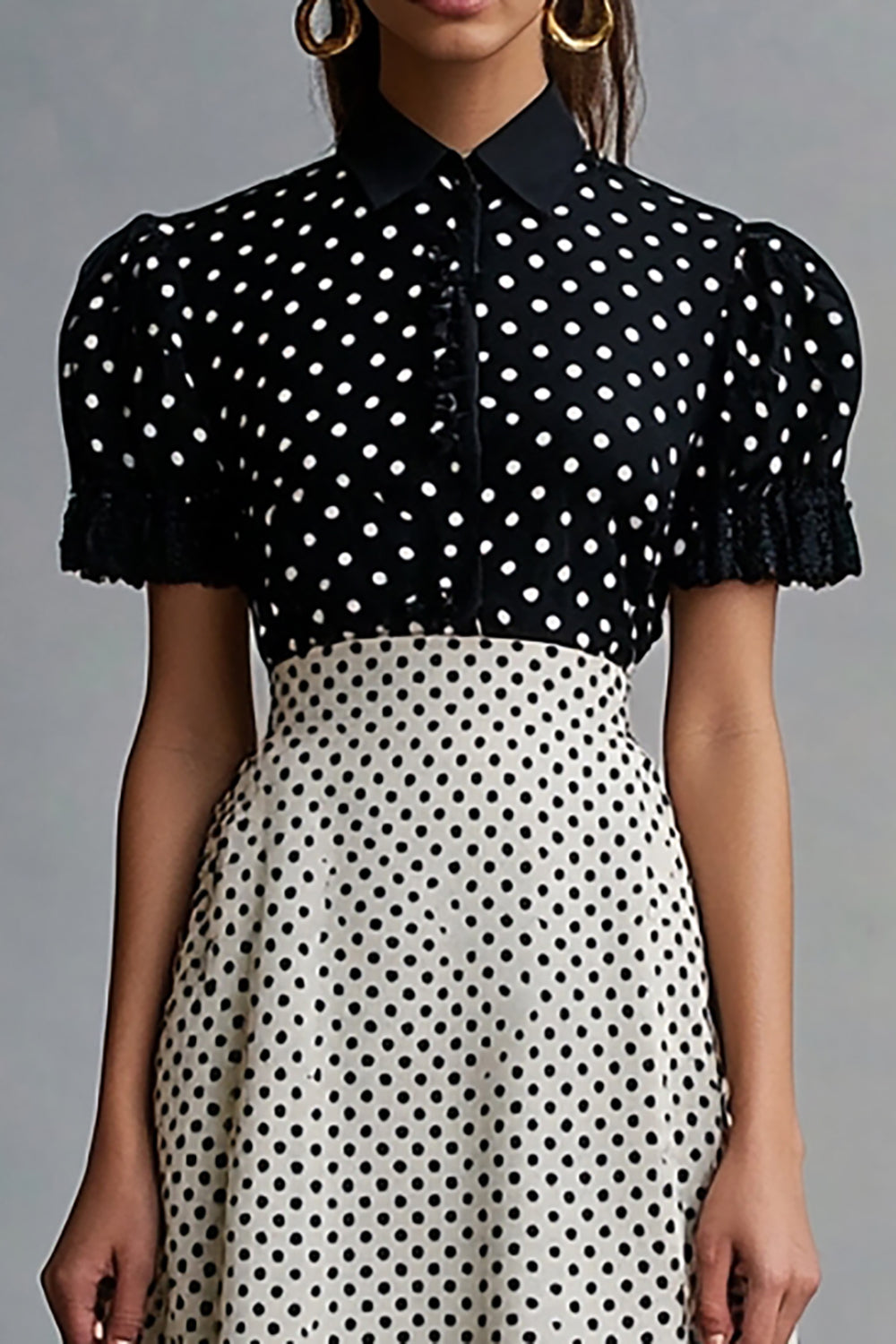 Vintage Volang Kavajslag hals Svart Vit Polka Dots Klänning
