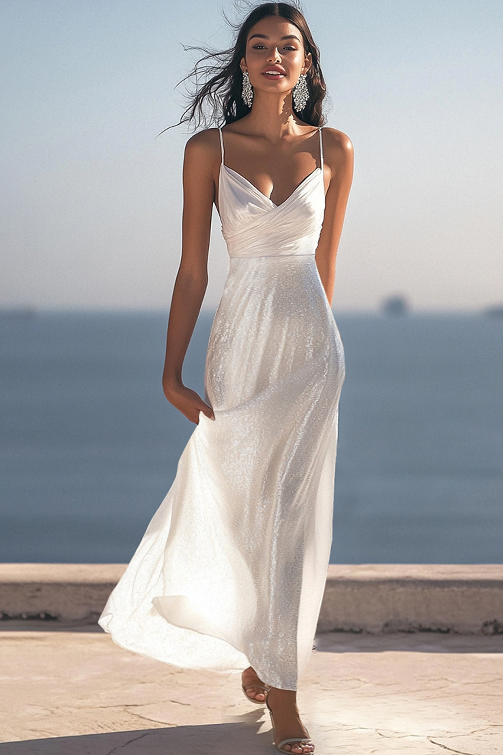 Glittrande Elfenben Spaghetti Remmar Paljetter Lång Förlovningsklänning