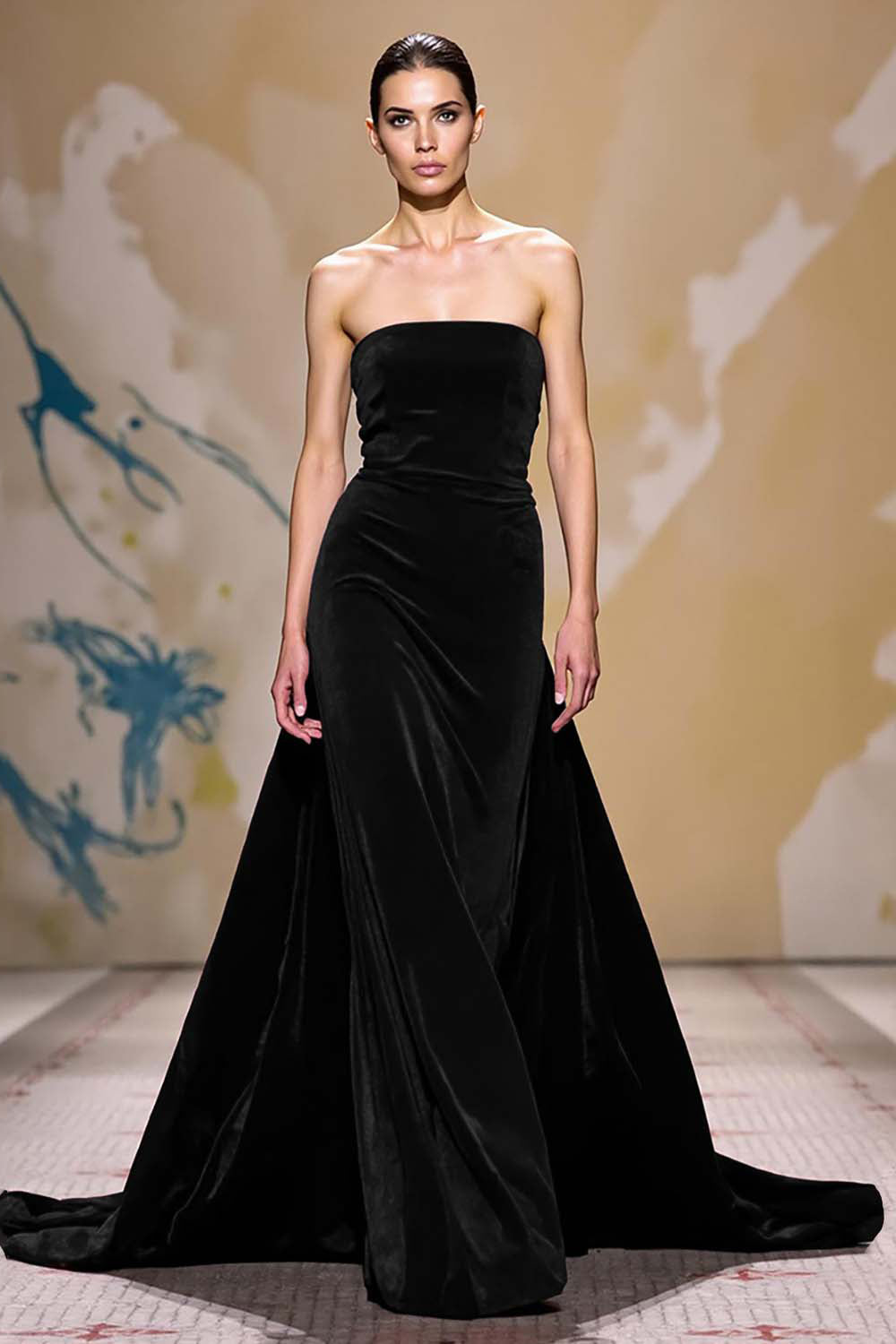 Sammet Mörkröd En linje Axelbandslös Lång Semester Fest Klänning