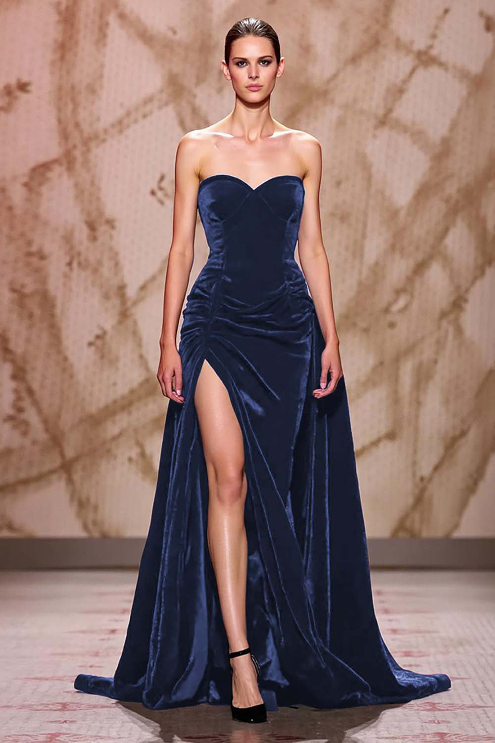 Sammet Mörkröd Älskling Lång Aftonklänning med Slits