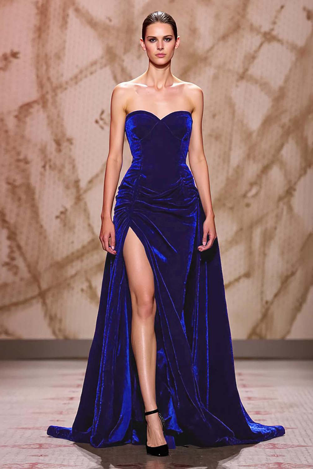 Sammet Mörkröd Älskling Lång Aftonklänning med Slits