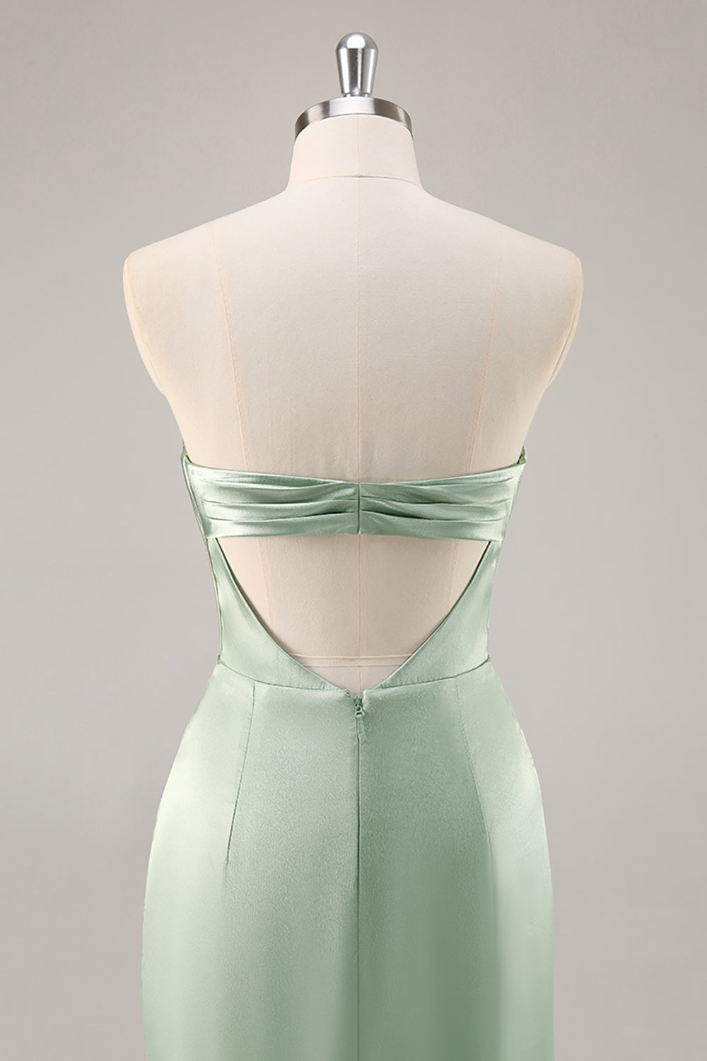 Salvia Grön Satäng Axelbandslös Lång Brudtärna Klänning med Slits