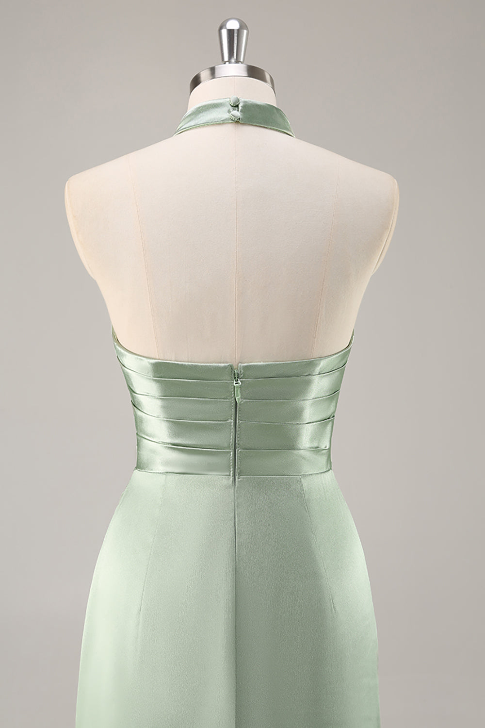 rodna hög hals satinerad rynkad lång brudtärneklänning med slits