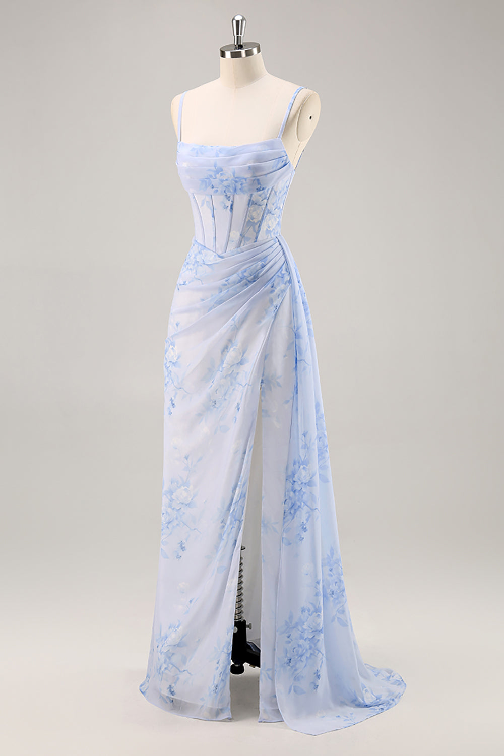 Blå blommig sjöjungfru korsett lång brudtärna klänning med slits