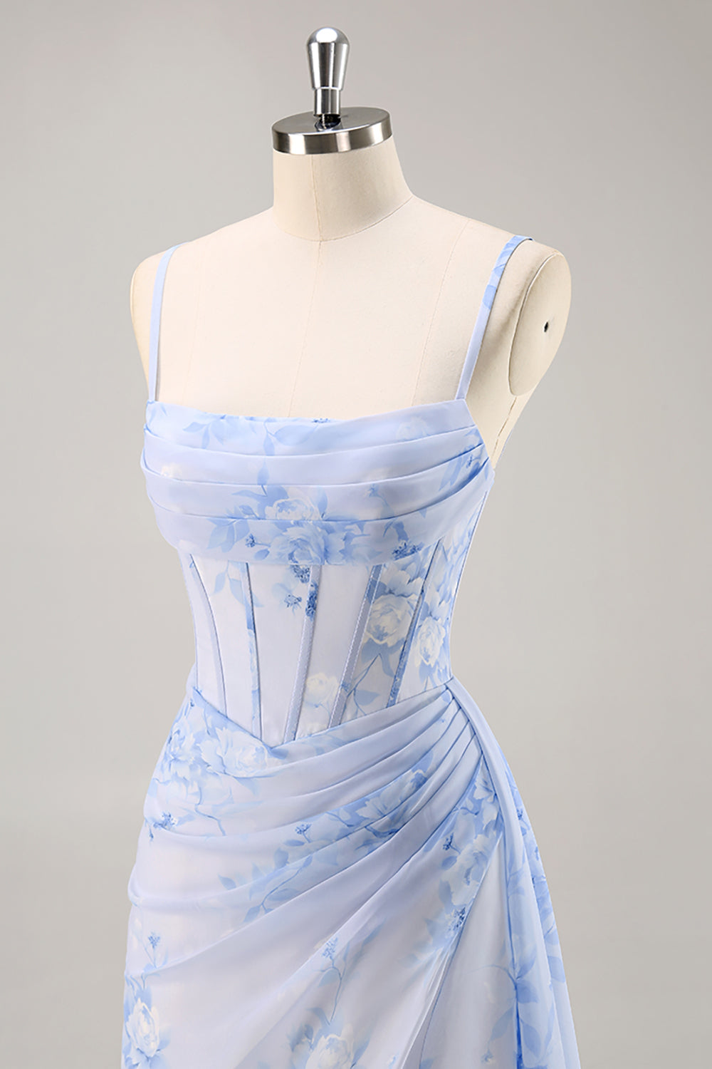 Blå blommig sjöjungfru korsett lång brudtärna klänning med slits