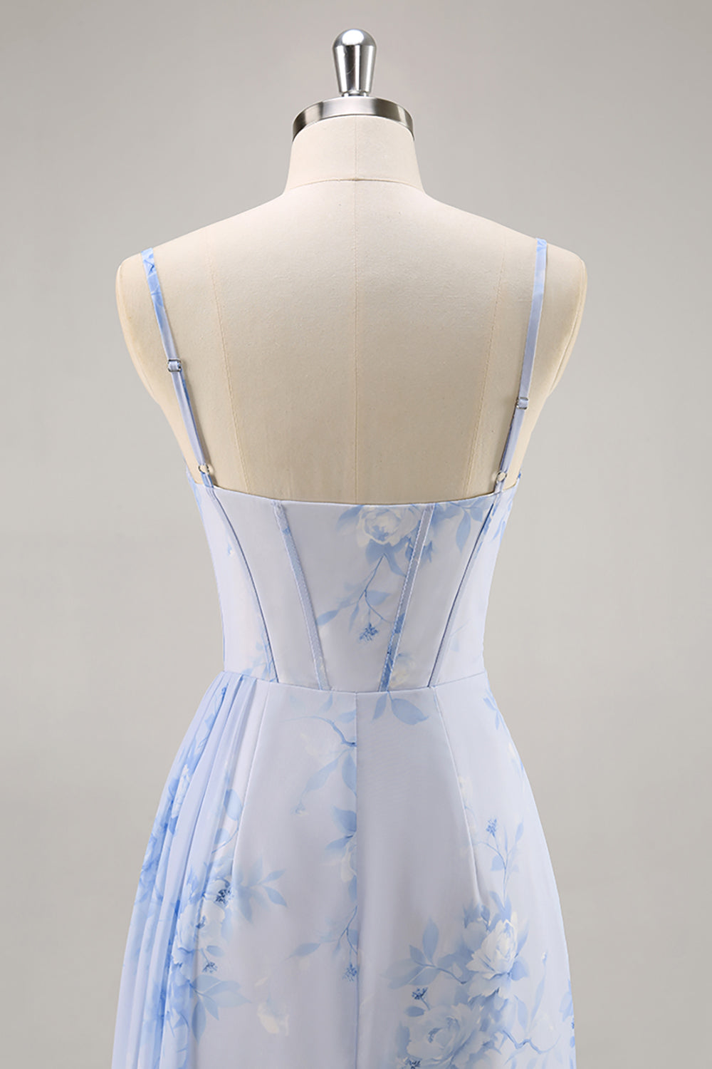 Blå blommig sjöjungfru korsett lång brudtärna klänning med slits