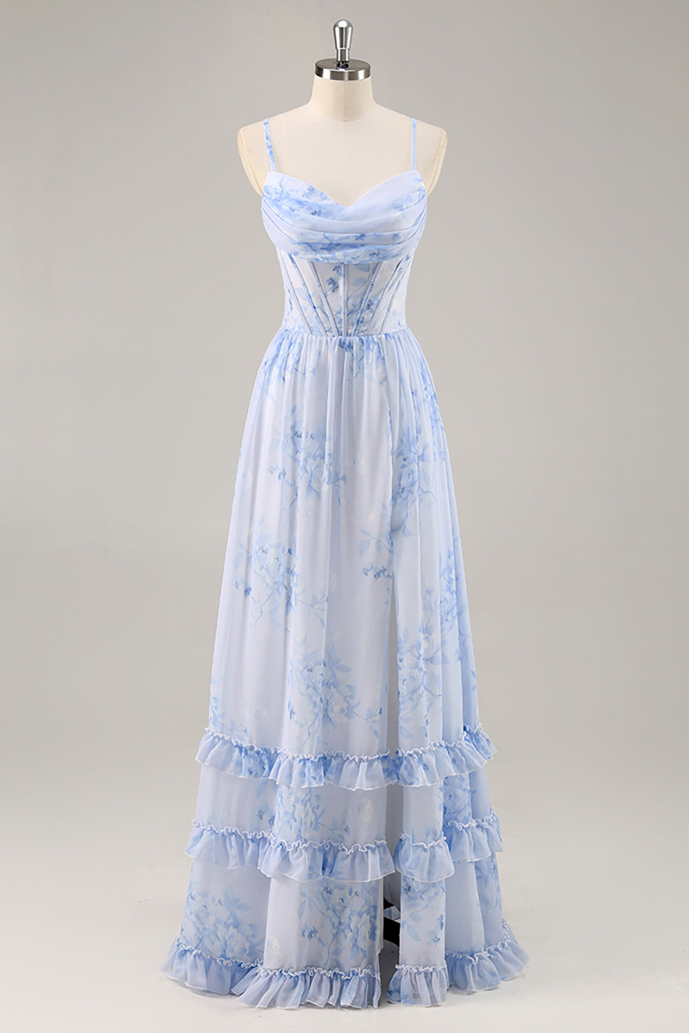 Blå Blommig Korsett Chiffong Lång Brudtärna Klänning med Slits