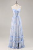 Blå Blommig Korsett Chiffong Lång Brudtärna Klänning med Slits