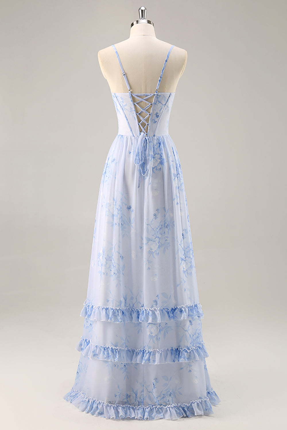 Blå Blommig Korsett Chiffong Lång Brudtärna Klänning med Slits