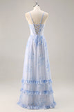 Blå Blommig Korsett Chiffong Lång Brudtärna Klänning med Slits