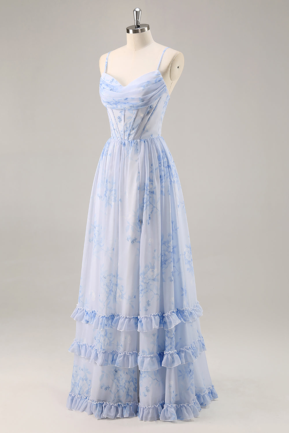 Blå Blommig Korsett Chiffong Lång Brudtärna Klänning med Slits