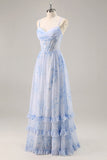 Blå Blommig Korsett Chiffong Lång Brudtärna Klänning med Slits