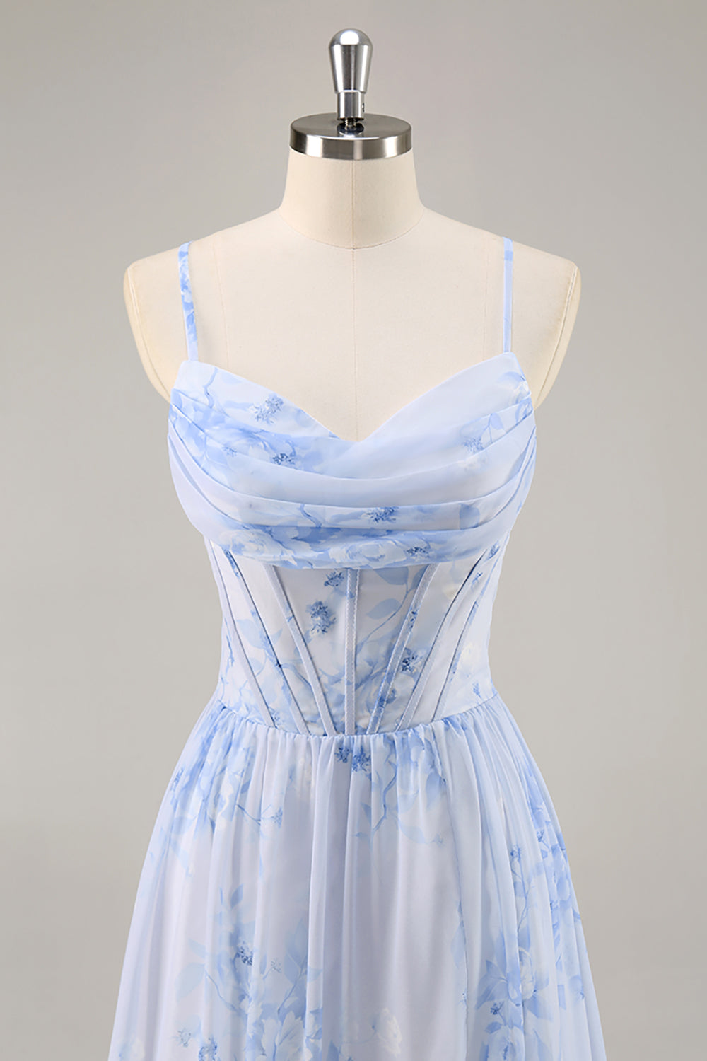 Blå Blommig Korsett Chiffong Lång Brudtärna Klänning med Slits