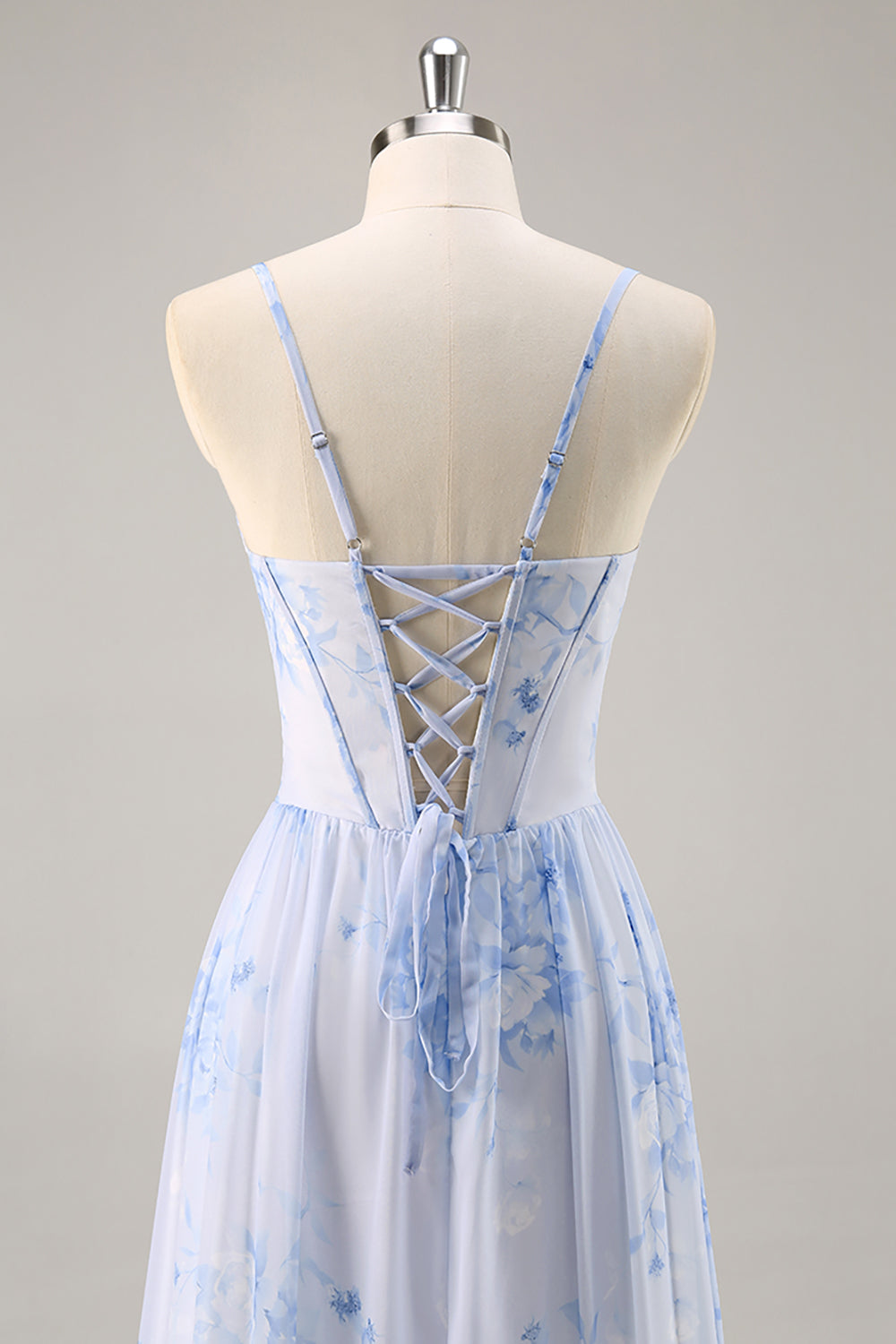 Blå Blommig Korsett Chiffong Lång Brudtärna Klänning med Slits