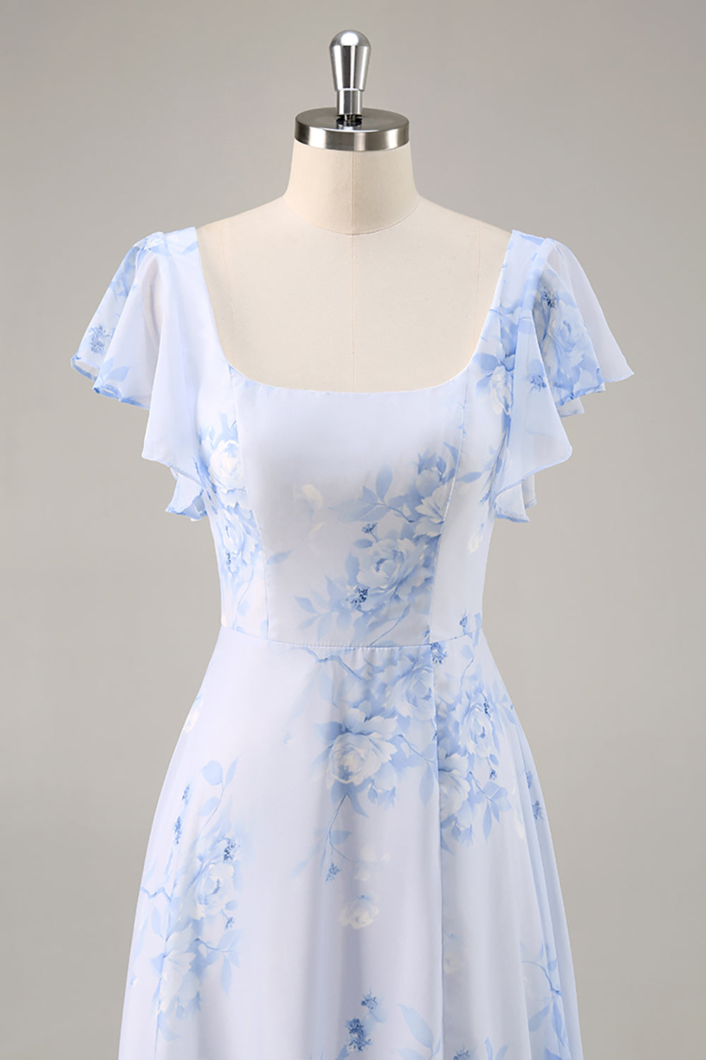 Blå Chiffong Blommig Scoop Neck Lång Brudtärna Klänning med Volanger