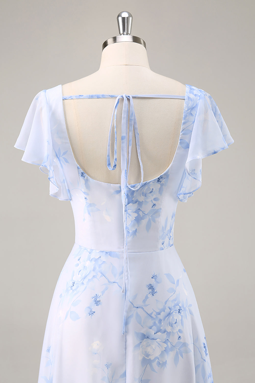 Blå Chiffong Blommig Scoop Neck Lång Brudtärna Klänning med Volanger