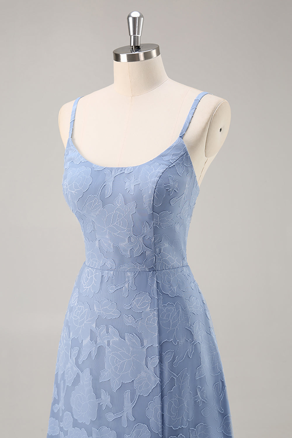 Dammig Blå Spets Spaghetti Remmar En rad Lång Brudtärna Klänning Med Slits