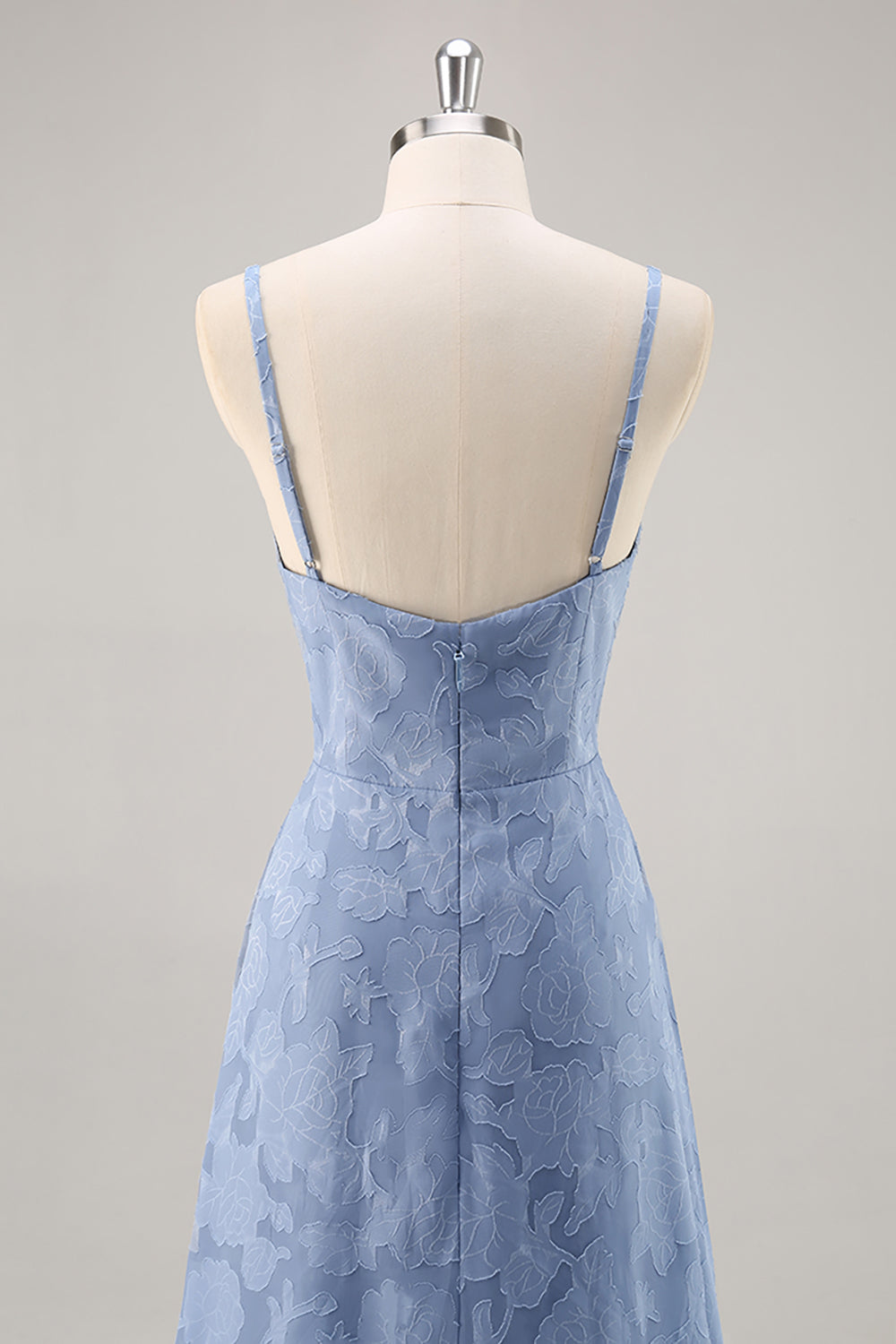 Dammig Blå Spets Spaghetti Remmar En rad Lång Brudtärna Klänning Med Slits