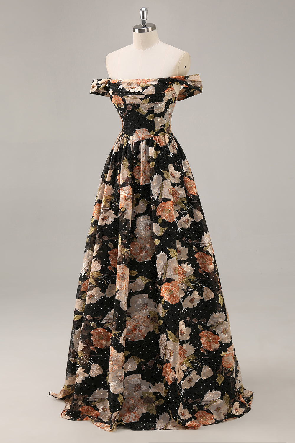 Glittrande svart blommig rynkad lång brudtärna klänning med pärlor