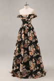 Glittrande svart blommig rynkad lång brudtärna klänning med pärlor