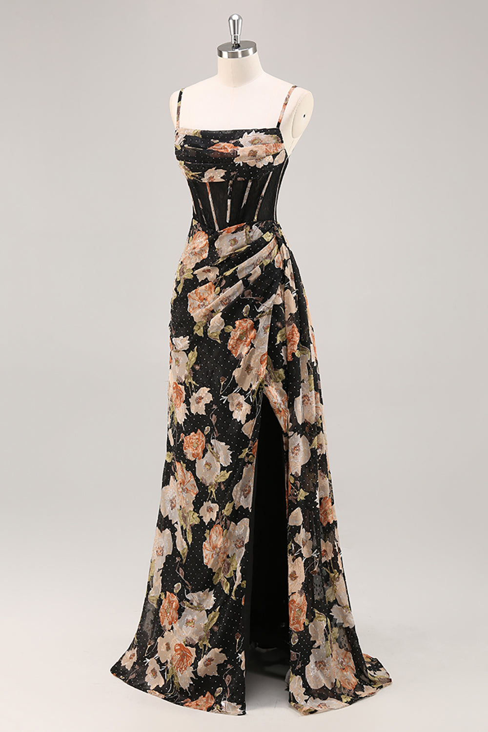 Glittrande Svart Korsett Blommig Lång Brudtärna Klänning Med Beading