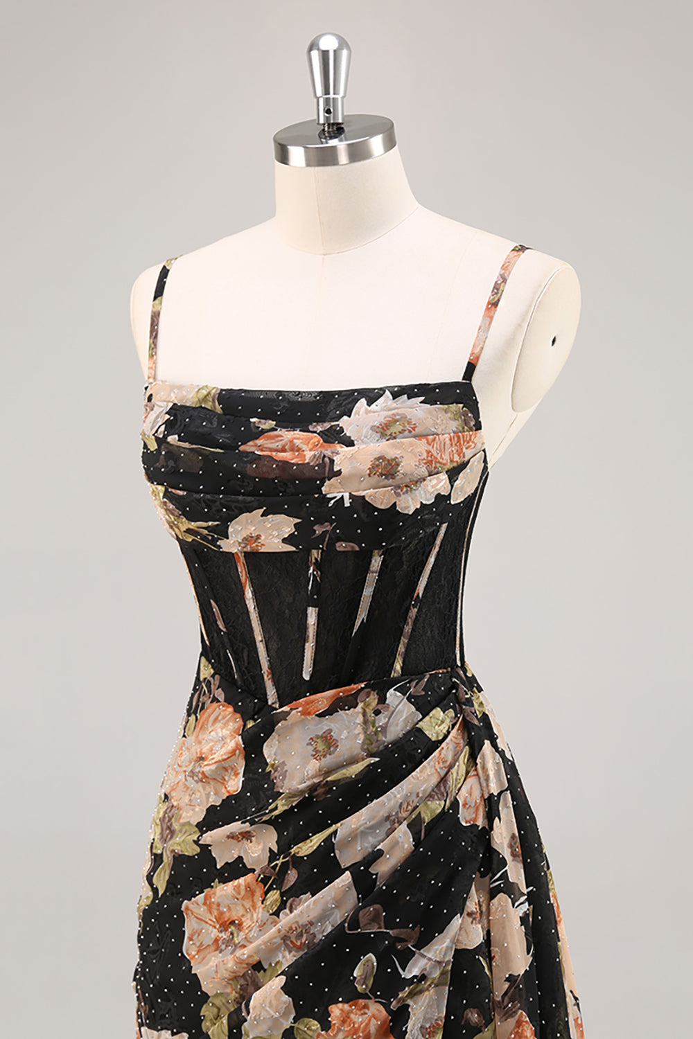 Glittrande Svart Korsett Blommig Lång Brudtärna Klänning Med Beading