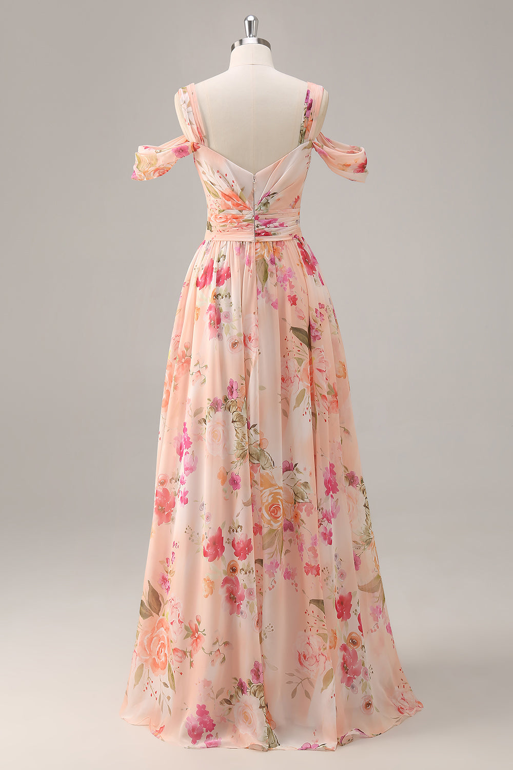 Rosa Blommig Rynkad Lång Brudtärna Klänning Med Slits
