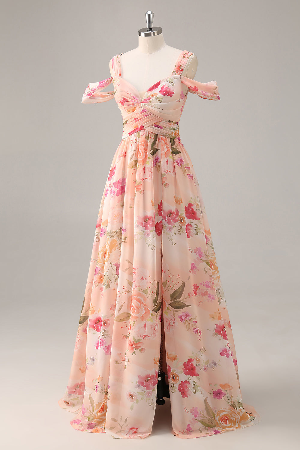 Rosa Blommig Rynkad Lång Brudtärna Klänning Med Slits