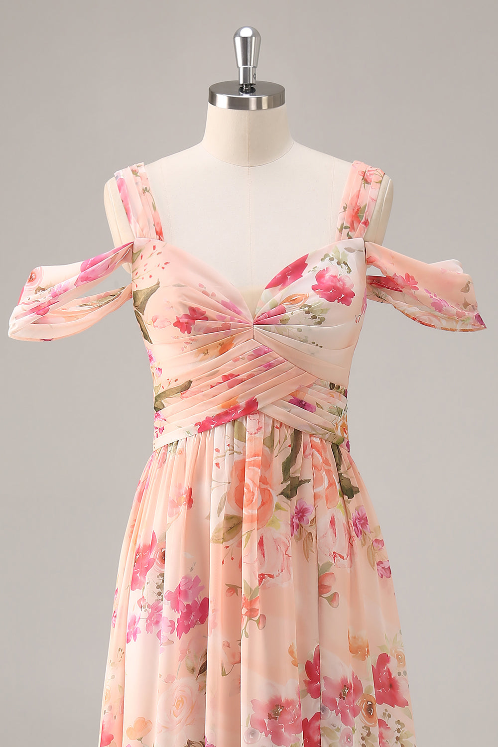 Rosa Blommig Rynkad Lång Brudtärna Klänning Med Slits