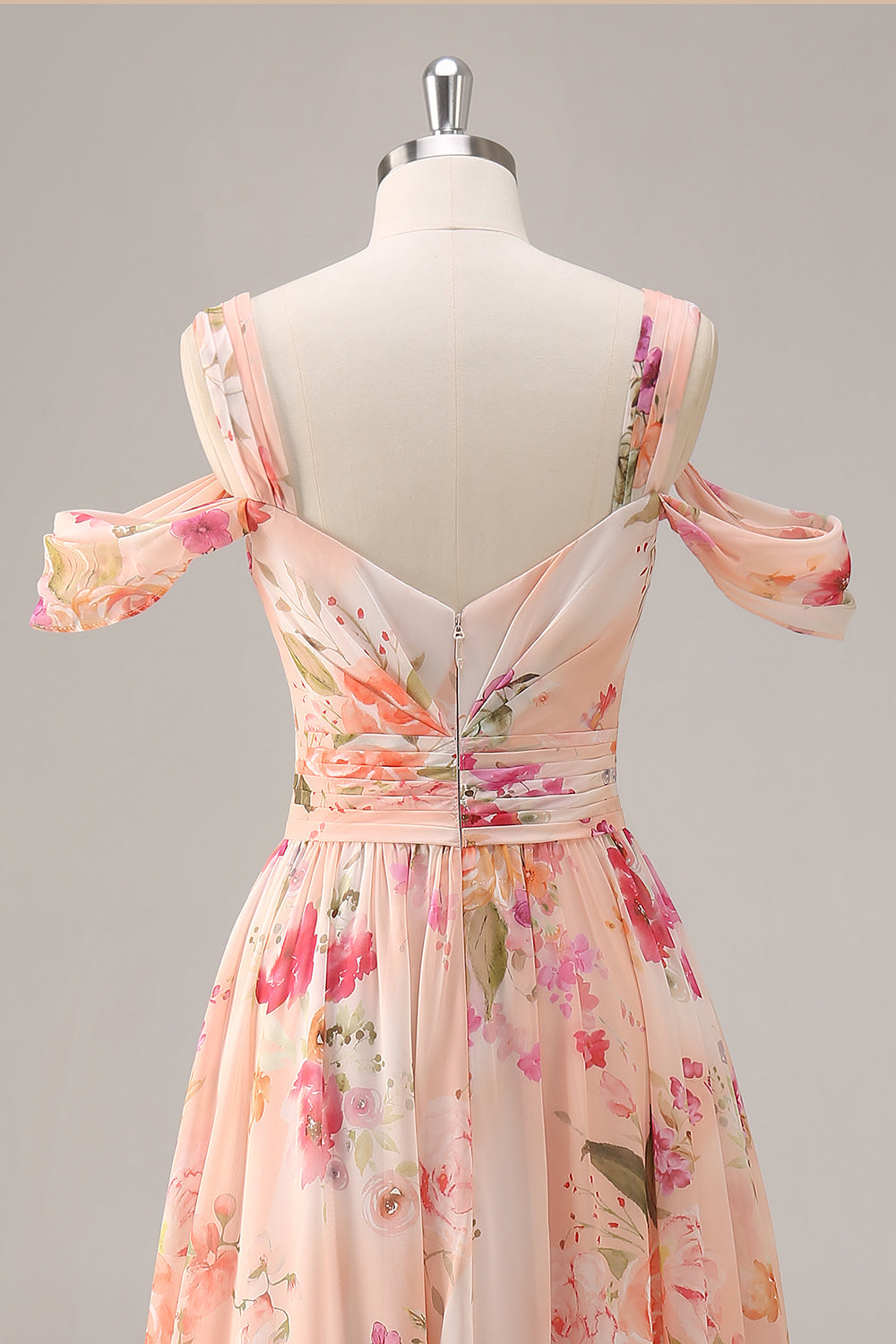 Rosa Blommig Rynkad Lång Brudtärna Klänning Med Slits