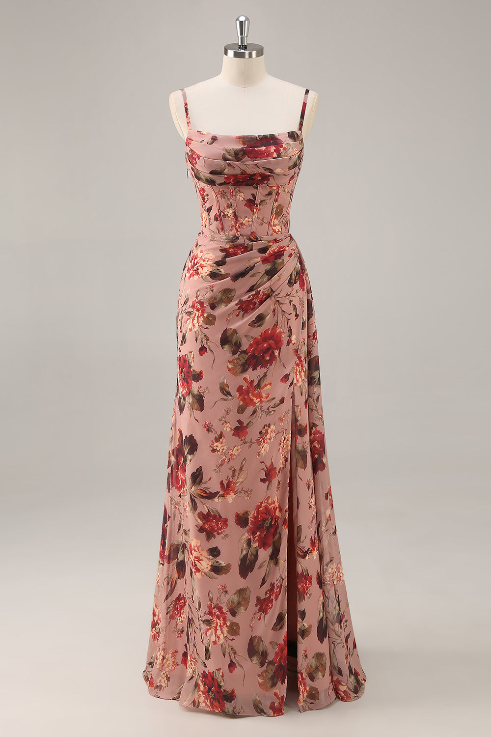 Dusty Rose Rynkad Blommig Korsett Lång Brudtärna Klänning Med Slits