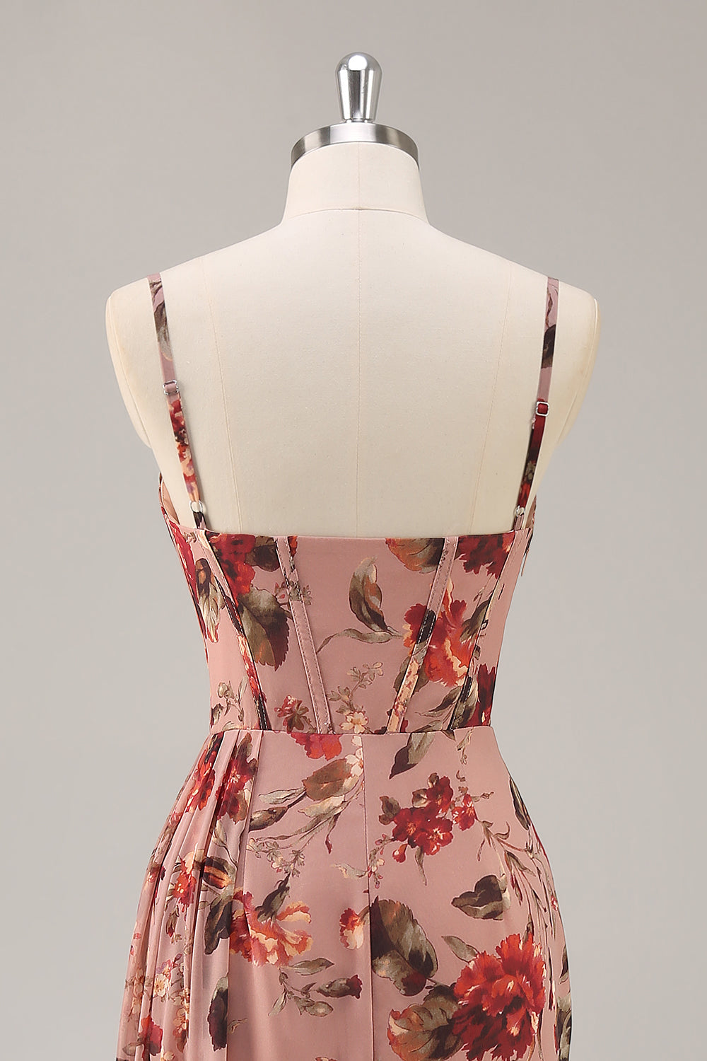 Dusty Rose Rynkad Blommig Korsett Lång Brudtärna Klänning Med Slits