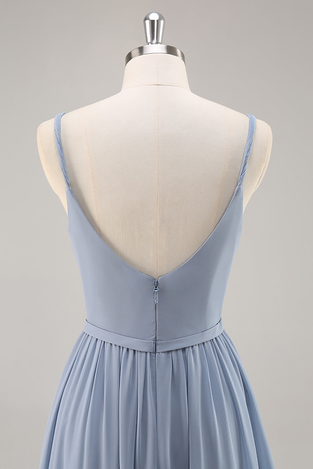 Dusty Blue Chiffong rynkad lång brudtärna klänning med slits