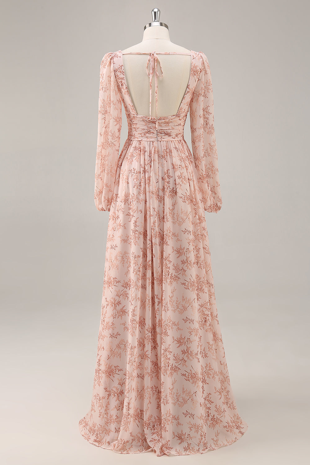 Rosa Blommig V-ringning Långärmad Chiffong Brudtärna Klänning med slits