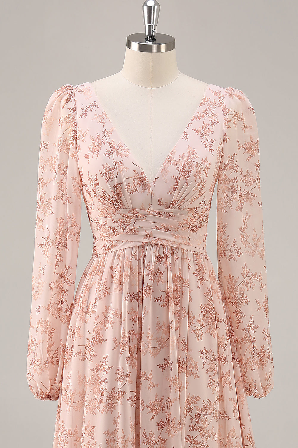 Rosa Blommig V-ringning Långärmad Chiffong Brudtärna Klänning med slits