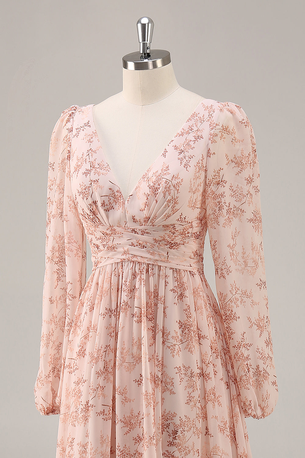 Rosa Blommig V-ringning Långärmad Chiffong Brudtärna Klänning med slits