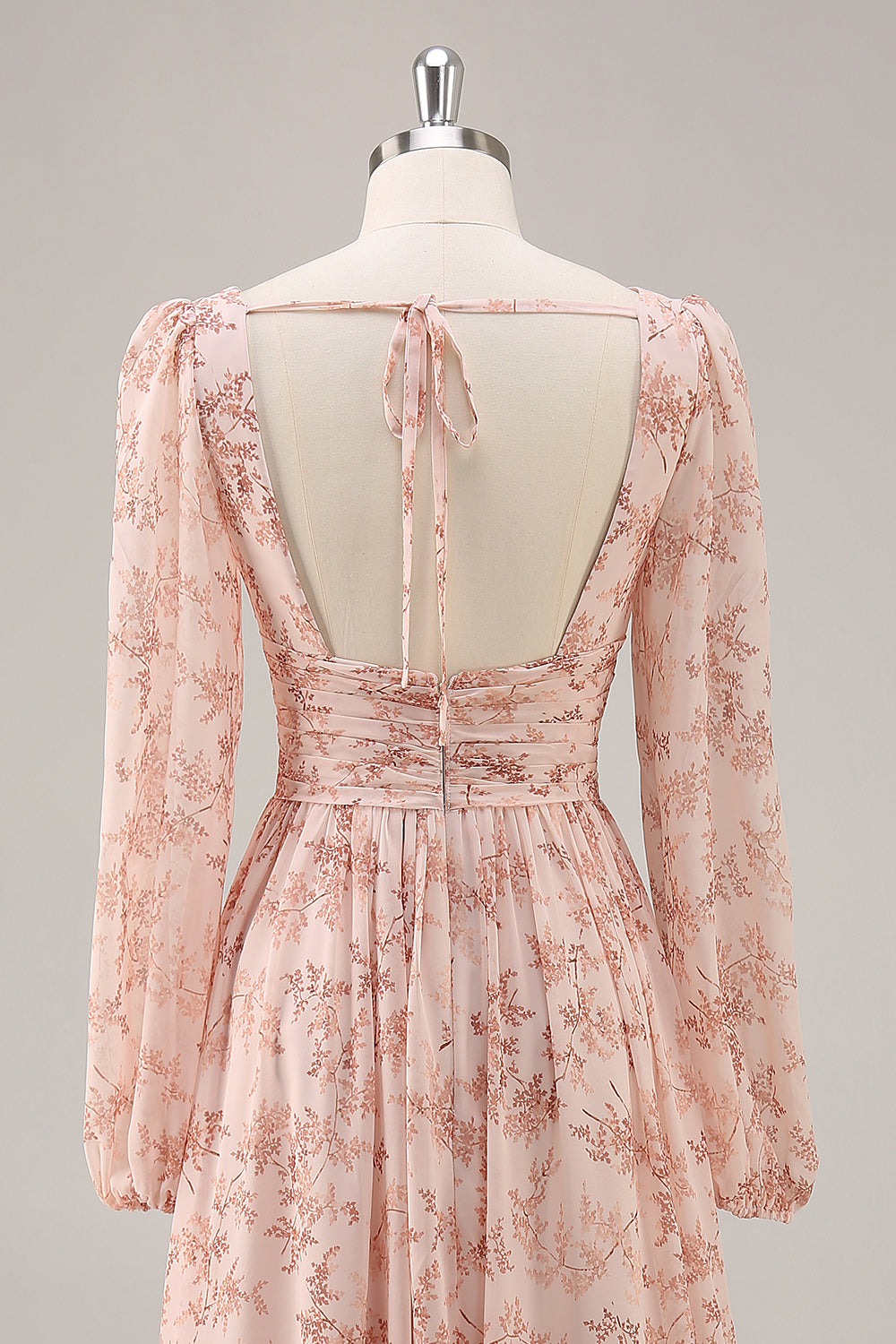 Rosa Blommig V-ringning Långärmad Chiffong Brudtärna Klänning med slits