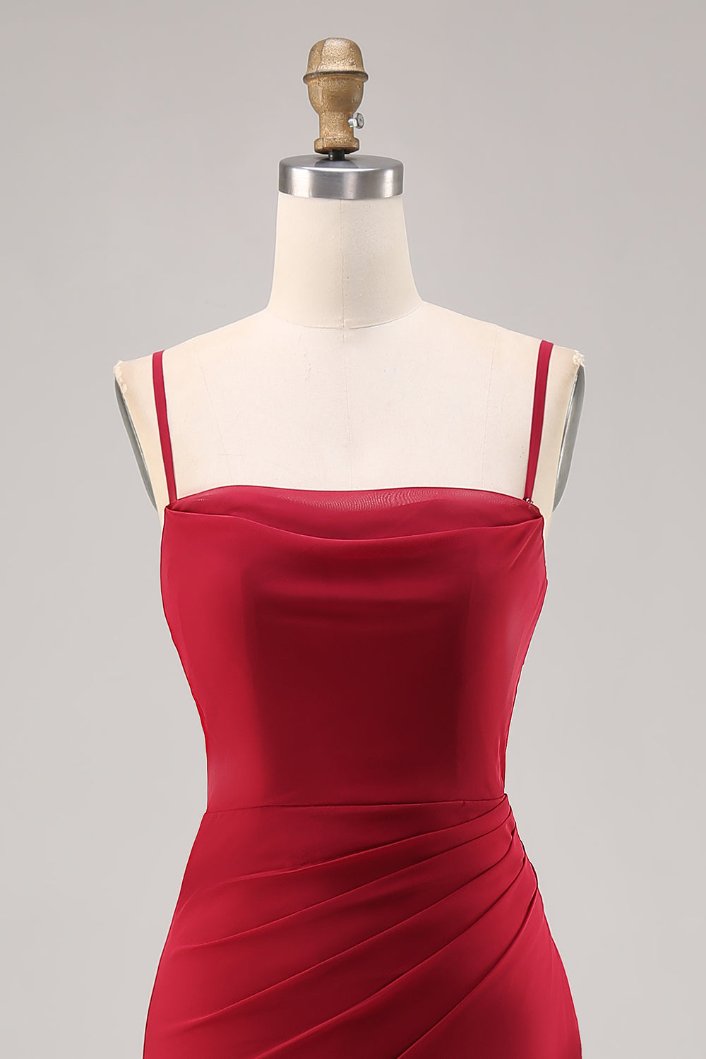 Mörkröd rynkad chiffong spaghettiremmar lång brudtärna klänning med slits